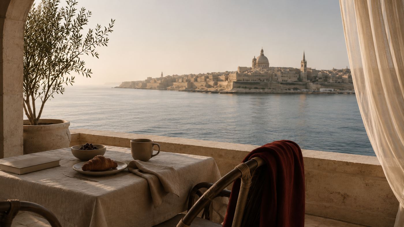 Breakfast laid on a terrace facing the sea at first light